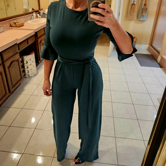 Womens Medium half sleeve Belted green one piece pants jumpsuit - Picture 7 of 9